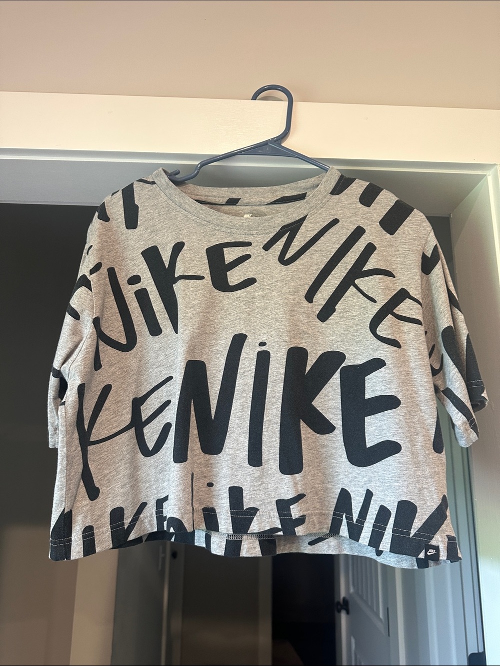 Nike Grey Crop Tee with Black Allover Script